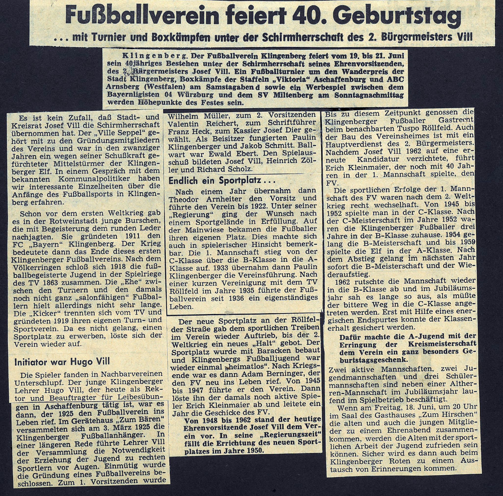 Zeitungsartikel zum 40. Geburtstag des Fußballvereins Klingenberg
