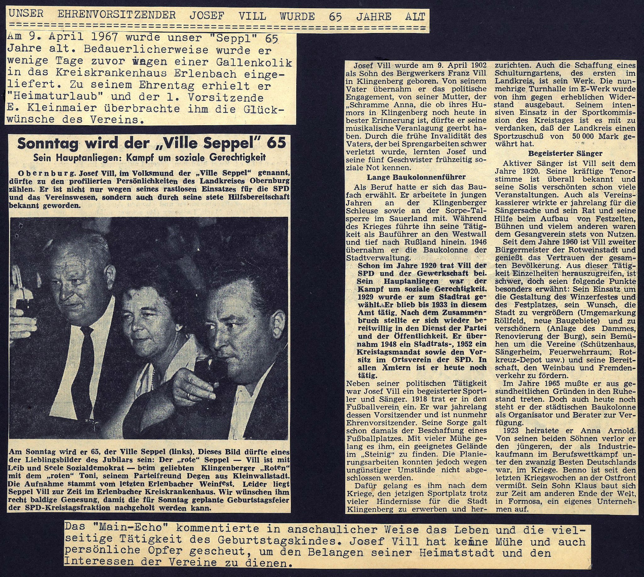 Zeitungsbericht zum 65. Geburtstag des Ehrenvorsitzenden Josef (Seppl) Vill