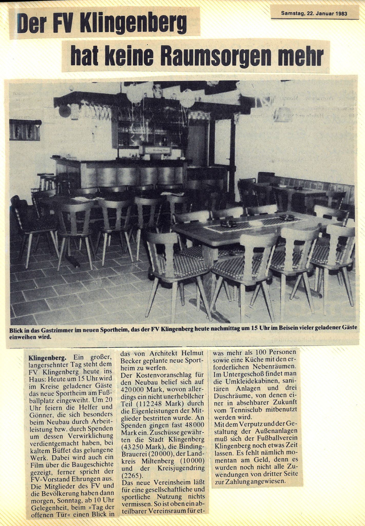 Zeitungsbericht zur Einweihung des neuen Sportheims