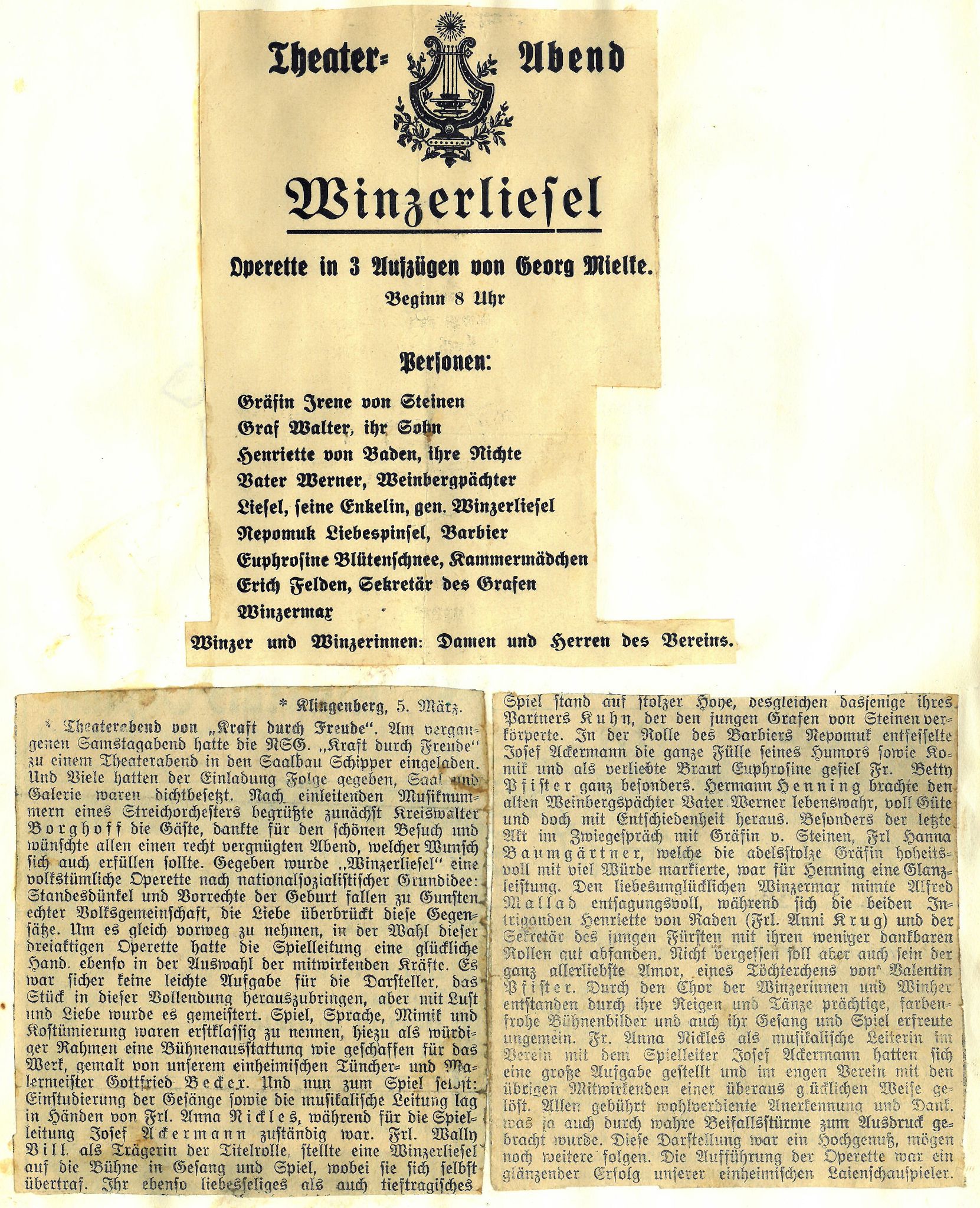 Zeitungsbericht zum Theaterabend des Gesangvereins im Saalbau 1935