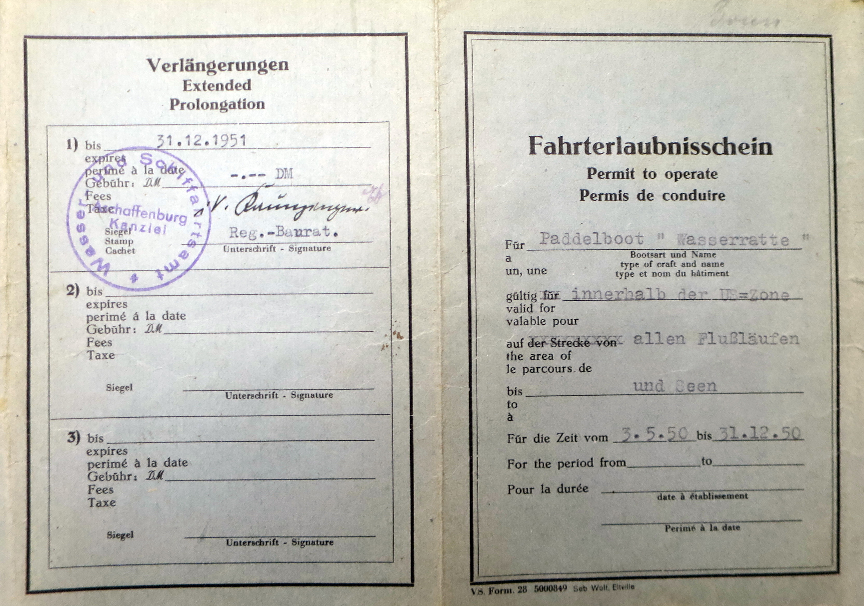 Fahrerlaubnisschein Ernst Gruß 1950