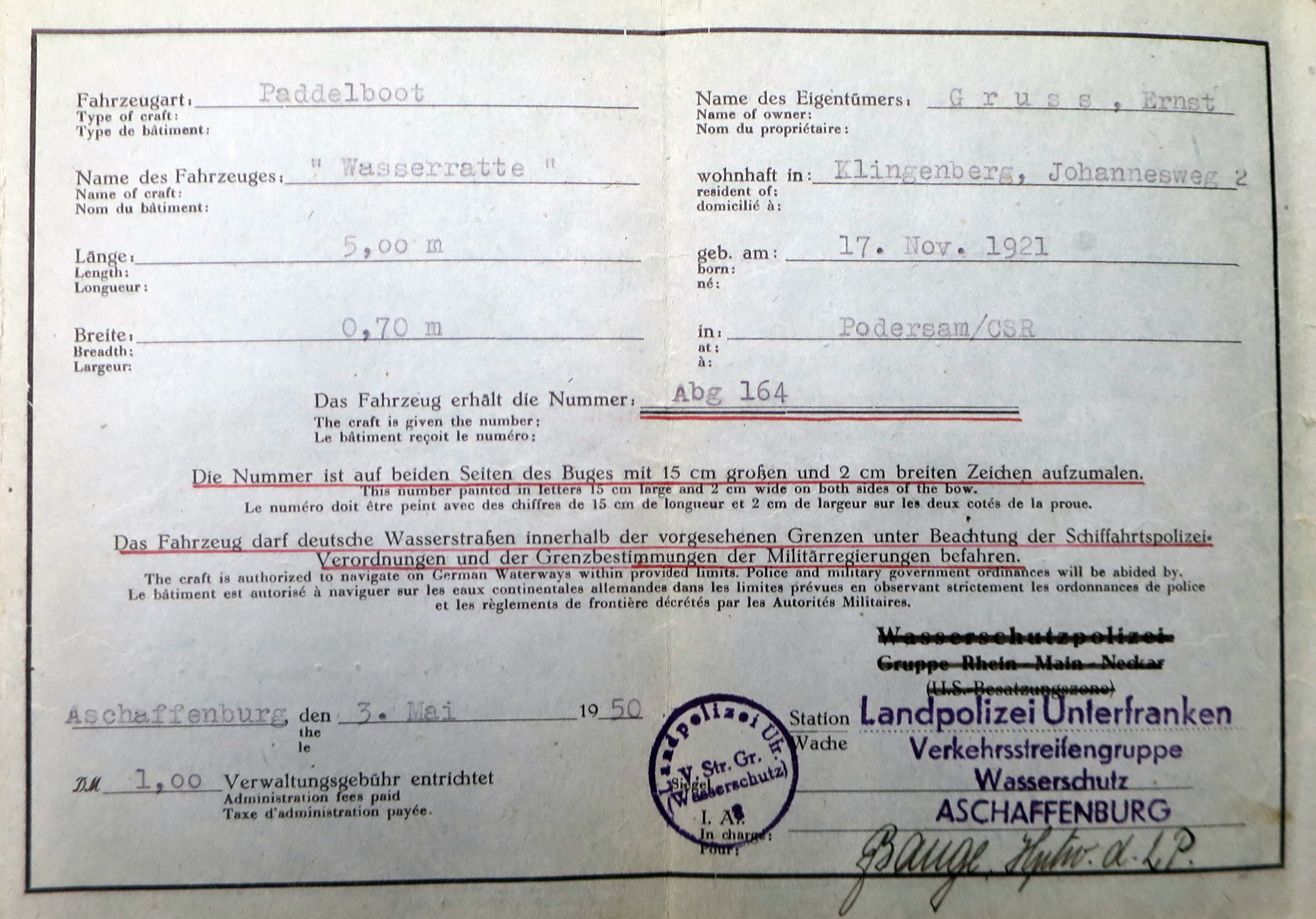 Fahrerlaubnisschein Ernst Gruß 1950 (Innenseite)