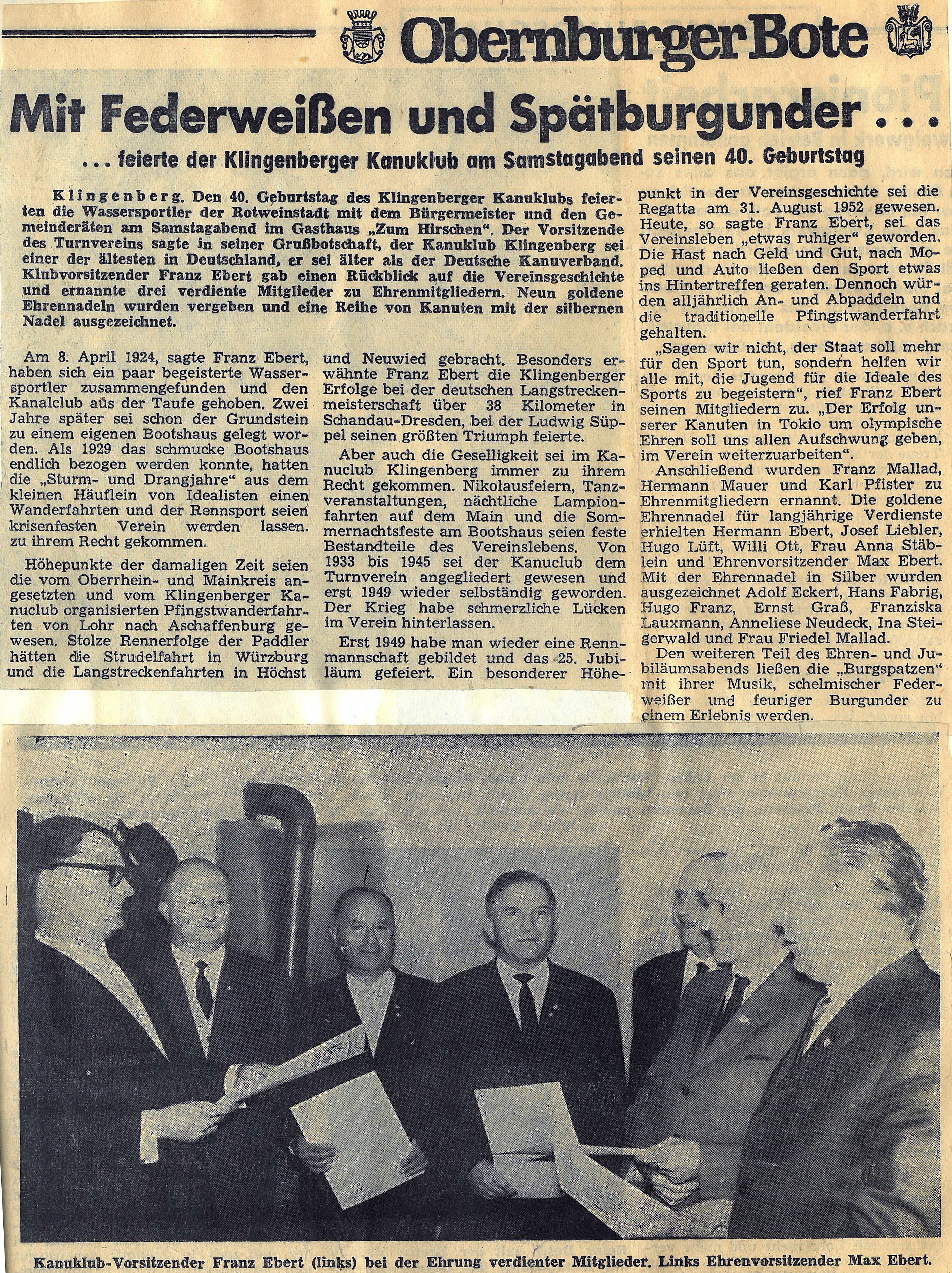 Zeitungsartikel zum 40-jährigen Bestehen des Kanuclubs 1964