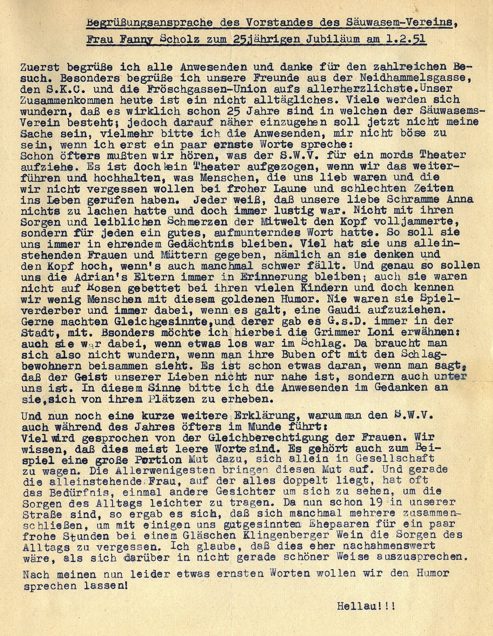 Begrüßungsansprache zur Faschingssitzung am 01.02.1951