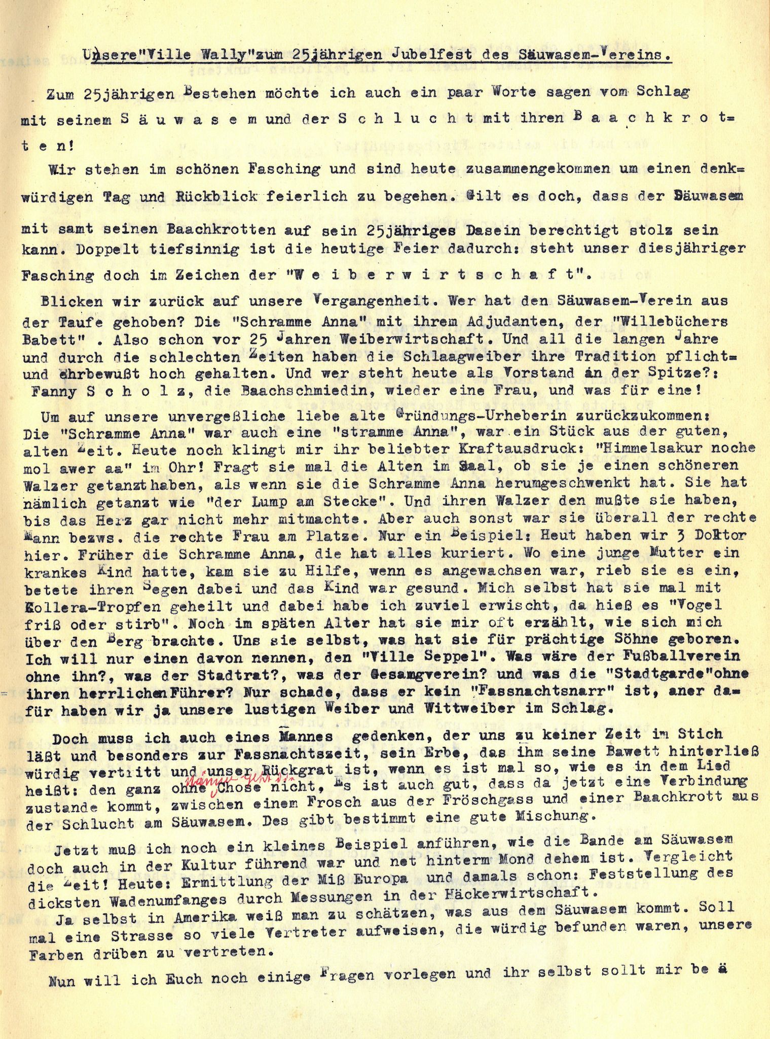 Ansprache von Wally Vill zur Faschingssitzung am 01.02.1951