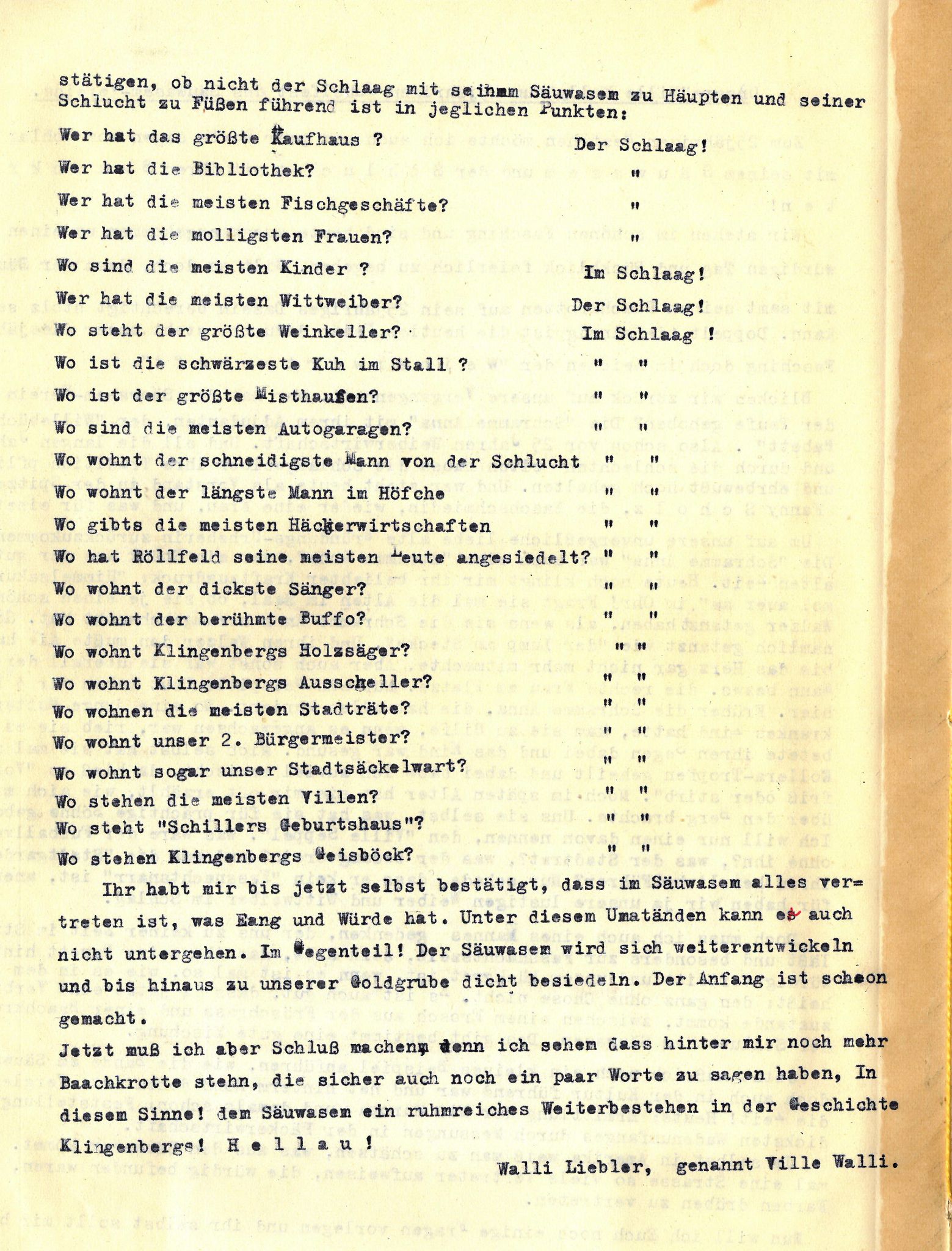 Ansprache von Wally Vill zur Faschingssitzung am 01.02.1951