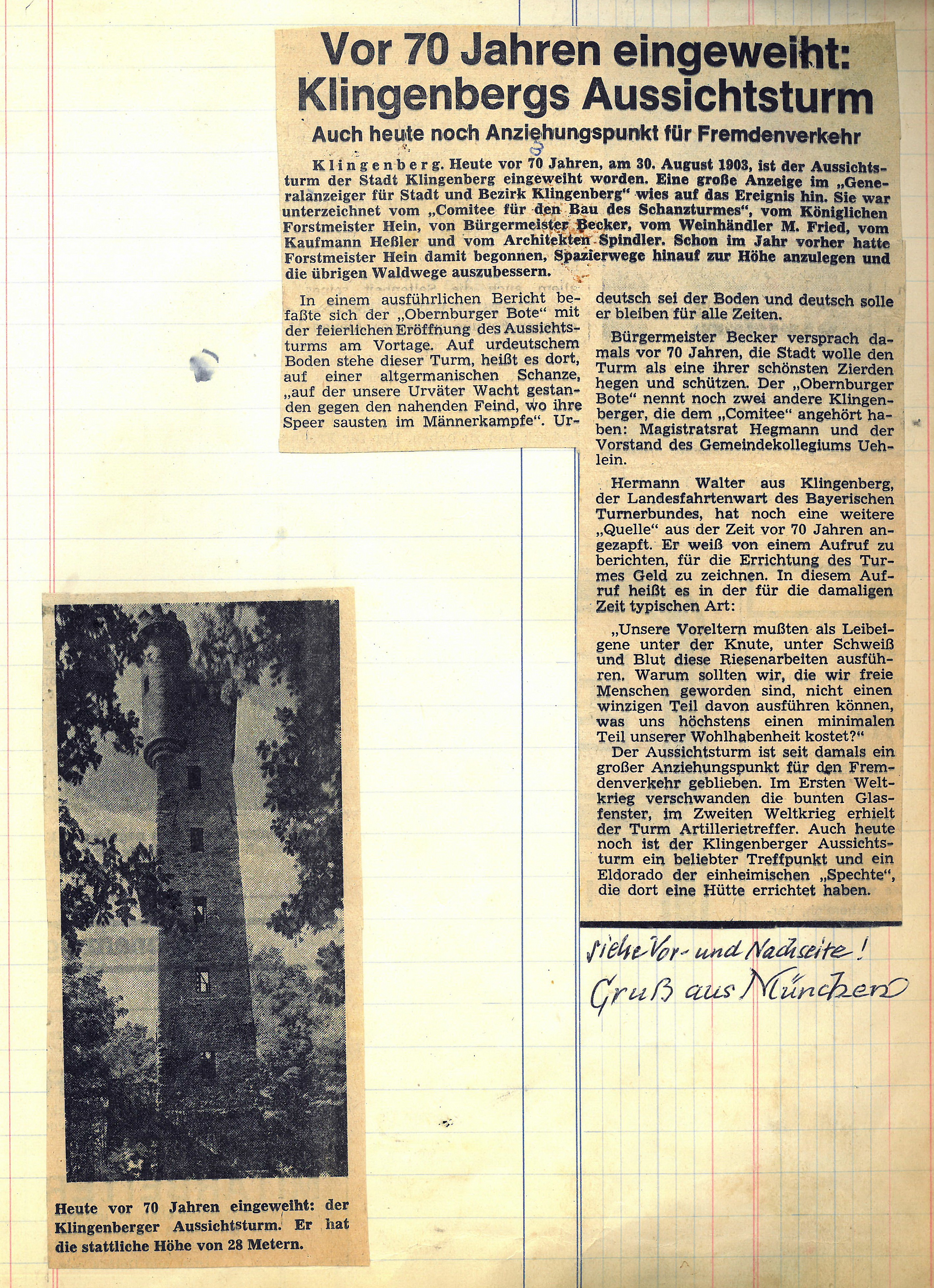 Zeitungsartikel zum Jubiläum 70 Jahre Aussichtsturm 1973