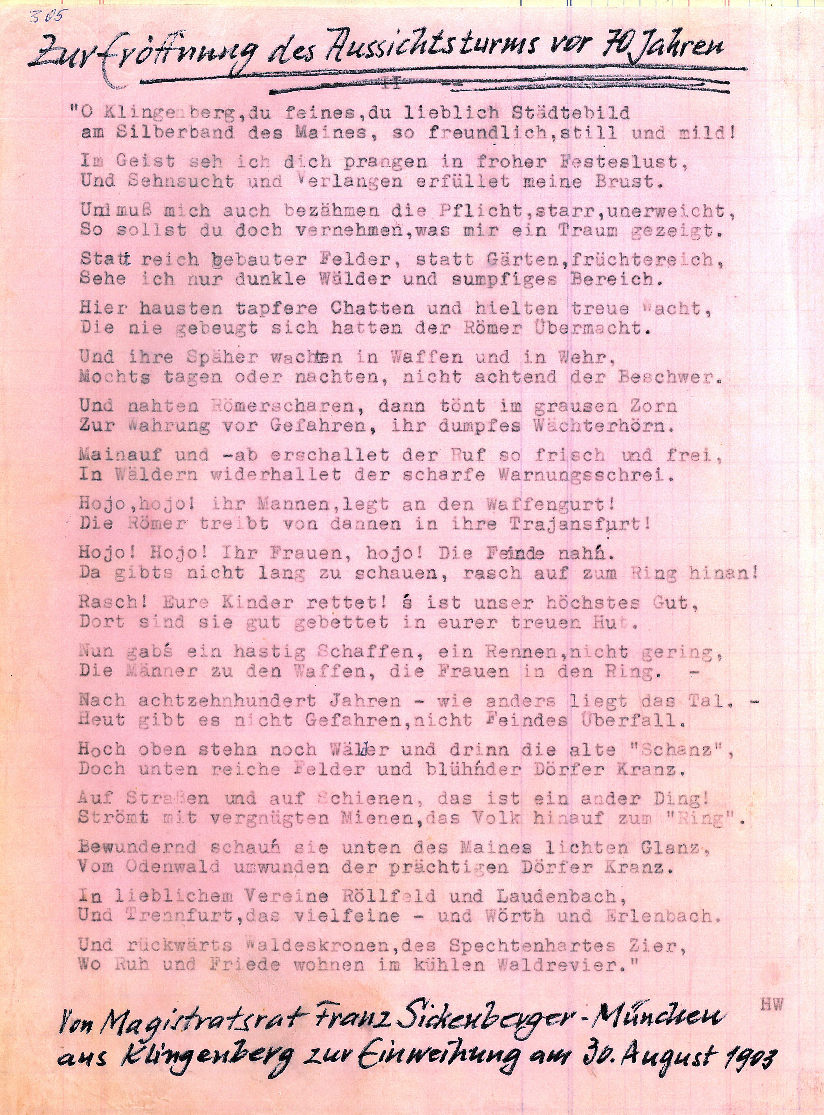 Poesie zum Jubiläum 70 Jahre Aussichtsturm 1973
