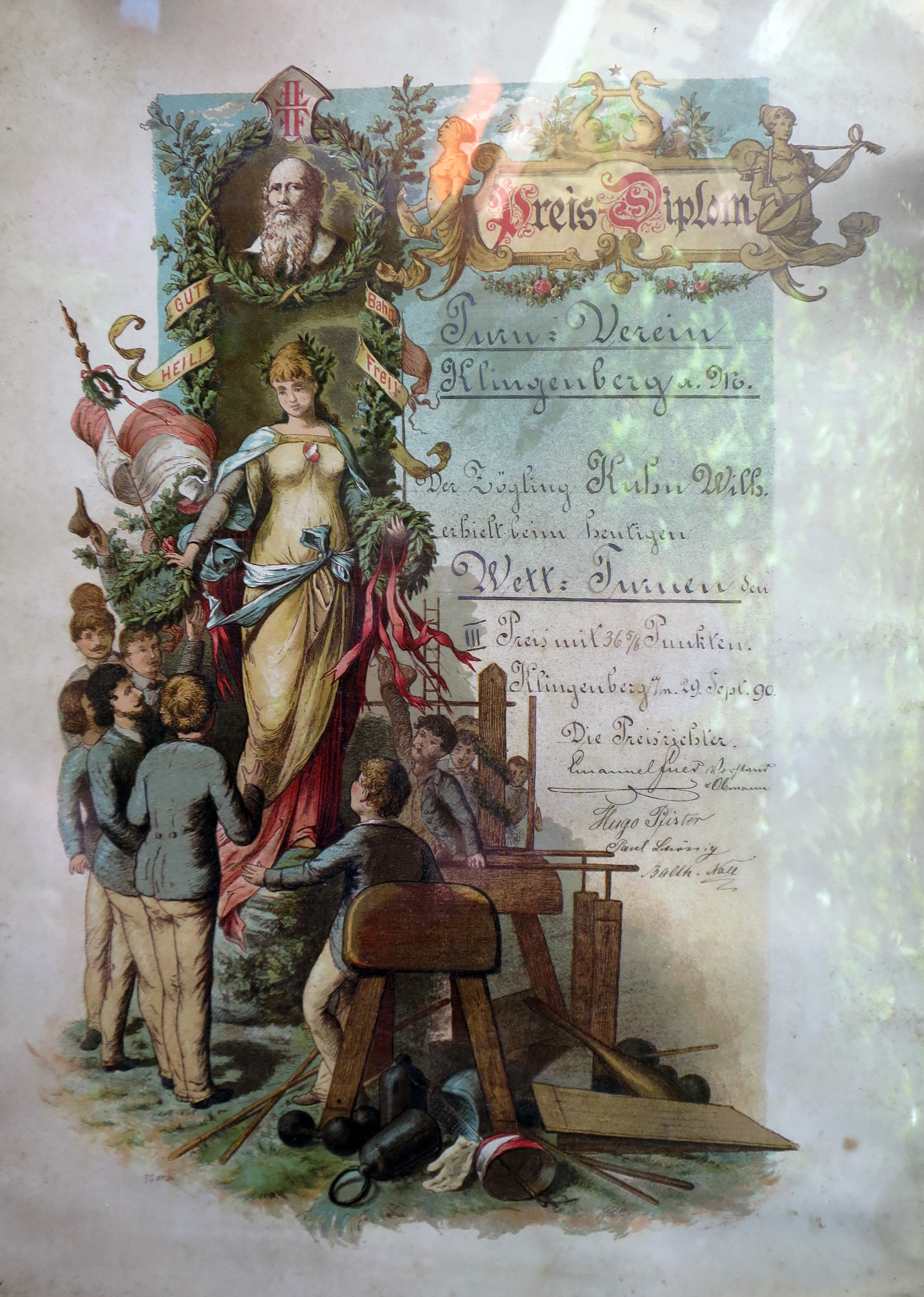 Diplom für turnerische Leistungen 1890 für Willi Kuhn