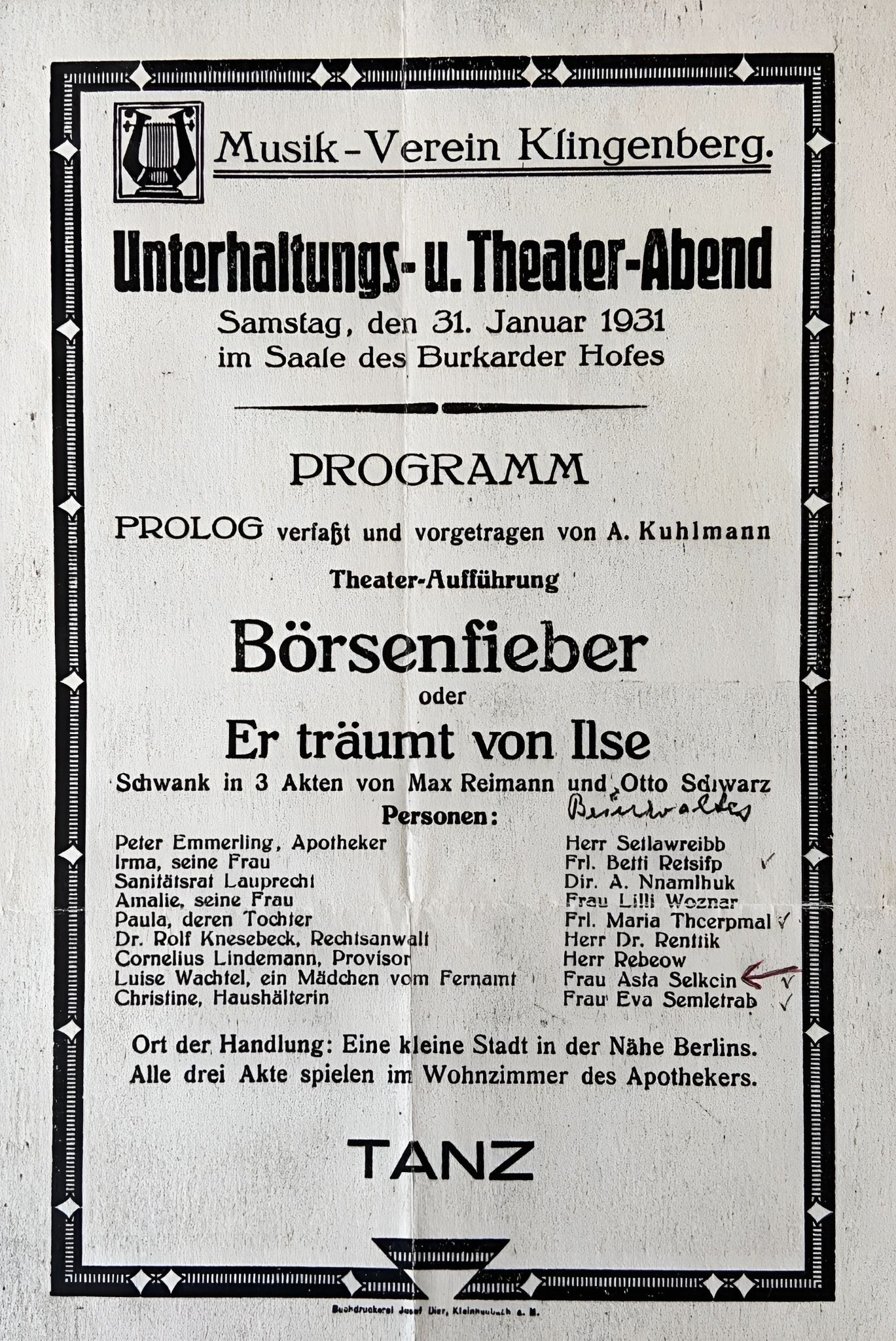 1931 100 Veranstaltungsplakat Burkarder Hof Musik Verein