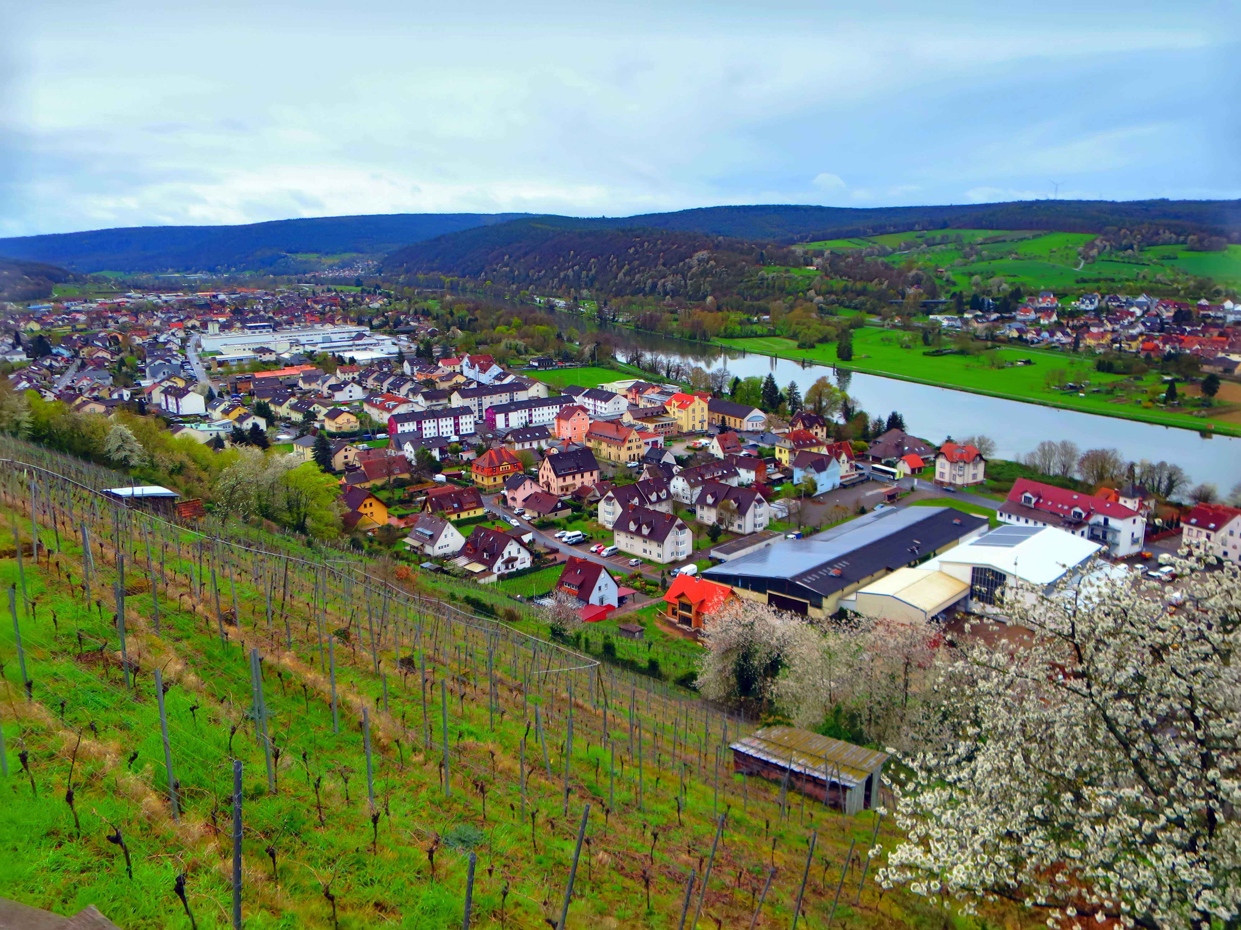 Das Weingut (mit dunklem Dach) im Jahr 2024
