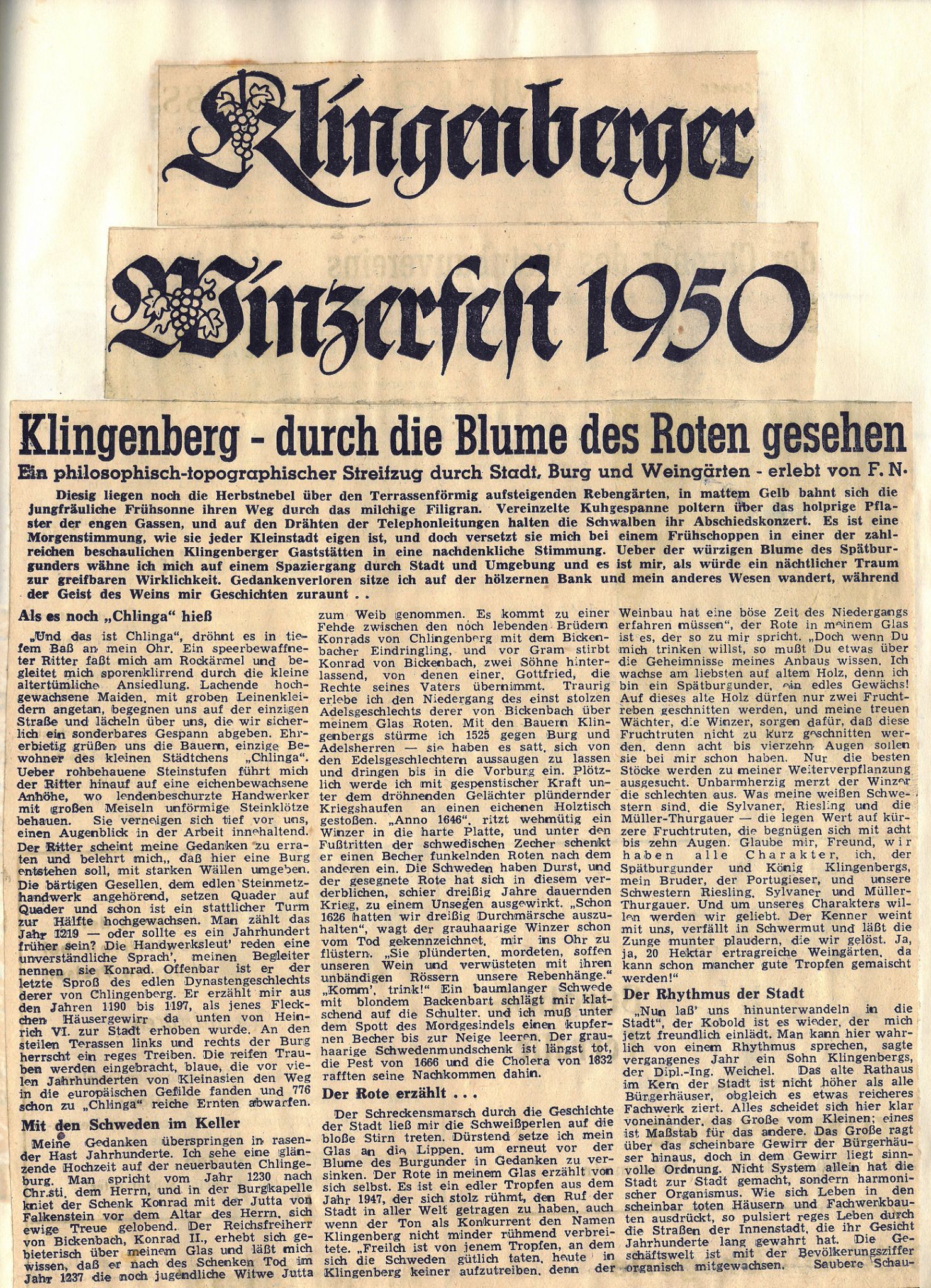 Zeitungsbericht zum Klingenberger Winzerfest 1950