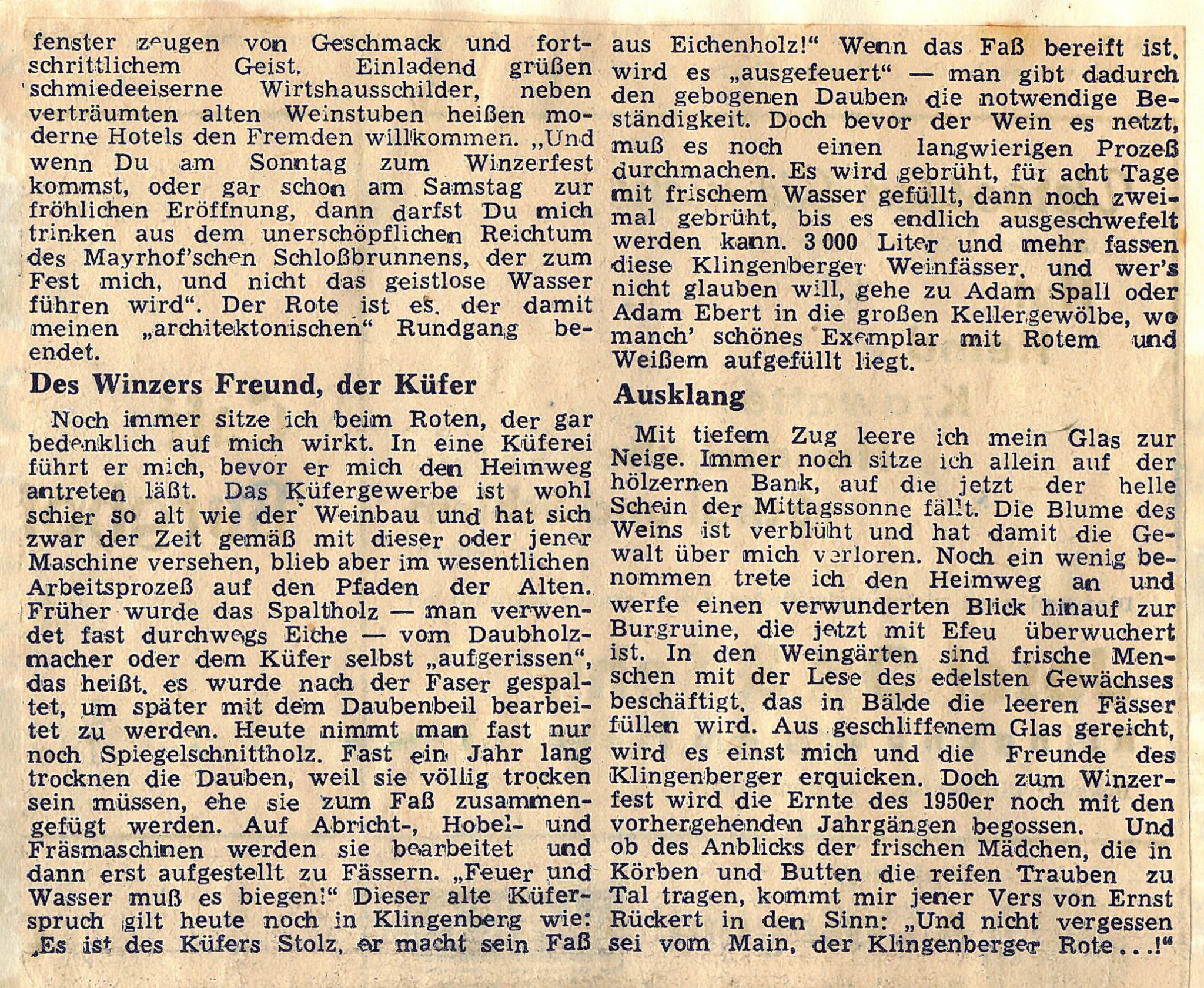 Fortsetzung Zeitungsbericht zum Klingenberger Winzerfest 1950