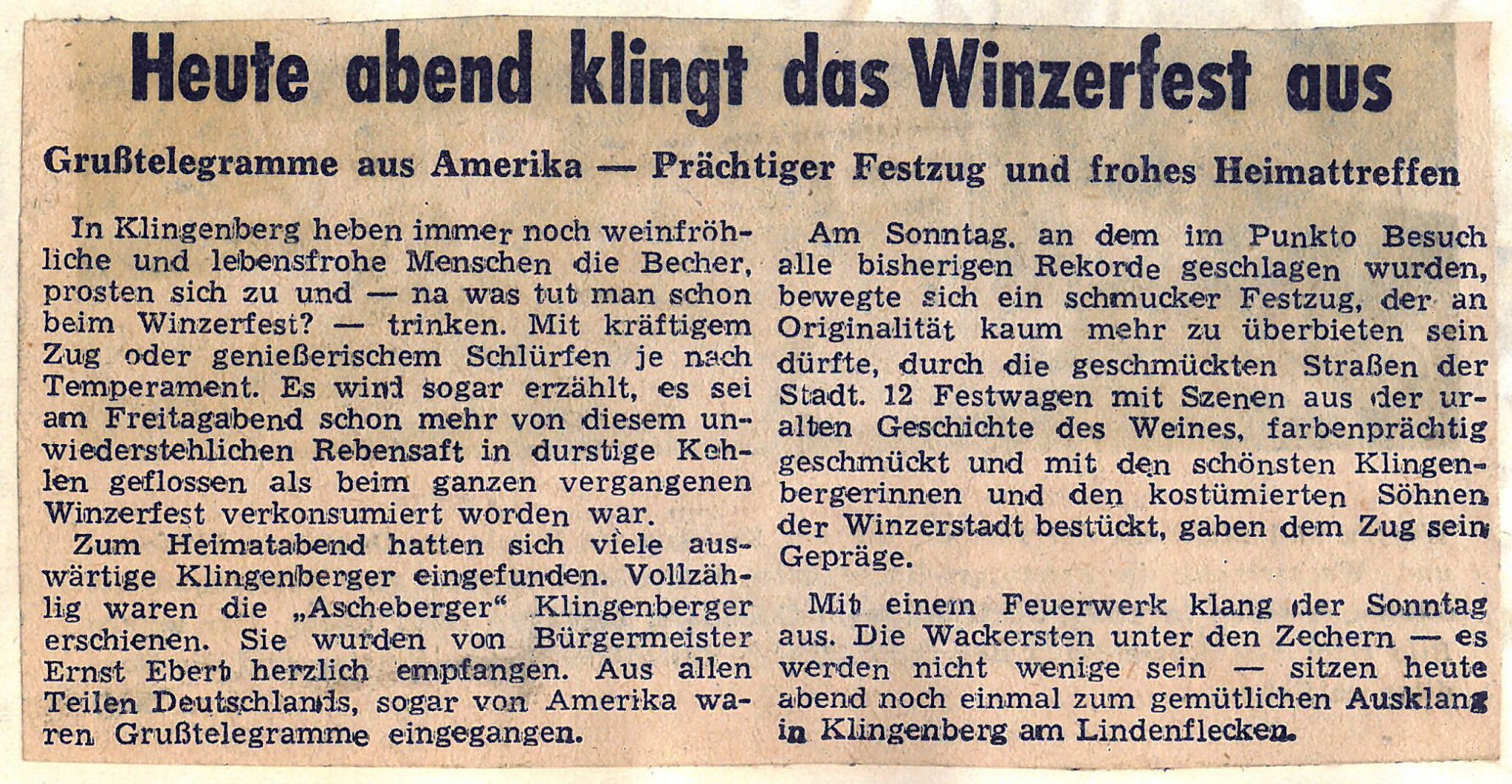 Zeitungsartikel zum Ausklang des Klingenberger Winzerfest 1952