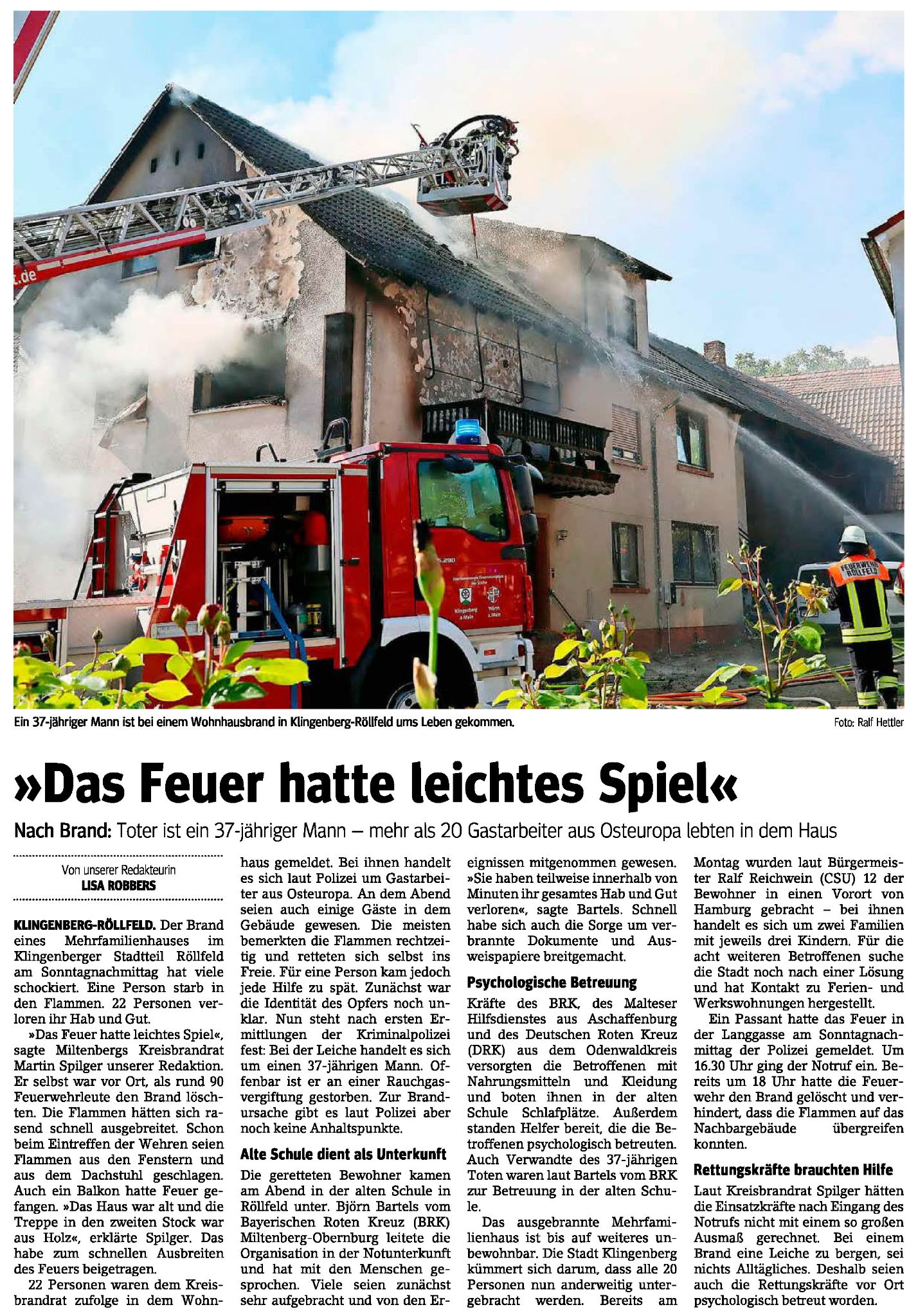 Zeitungsbericht zum Brand in der Langgasse 5