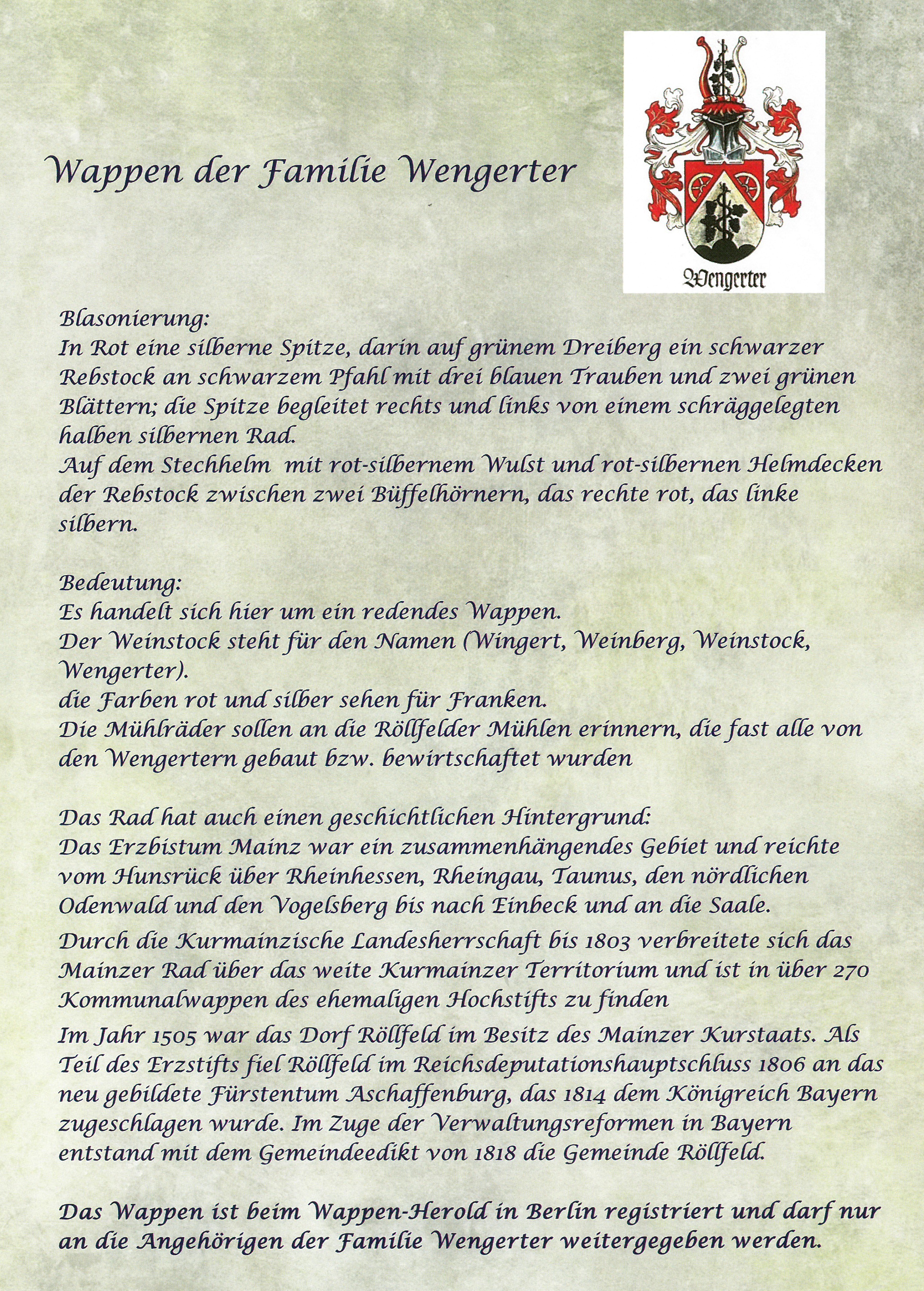 Beschreibung des Wappens der Familie Wengerter