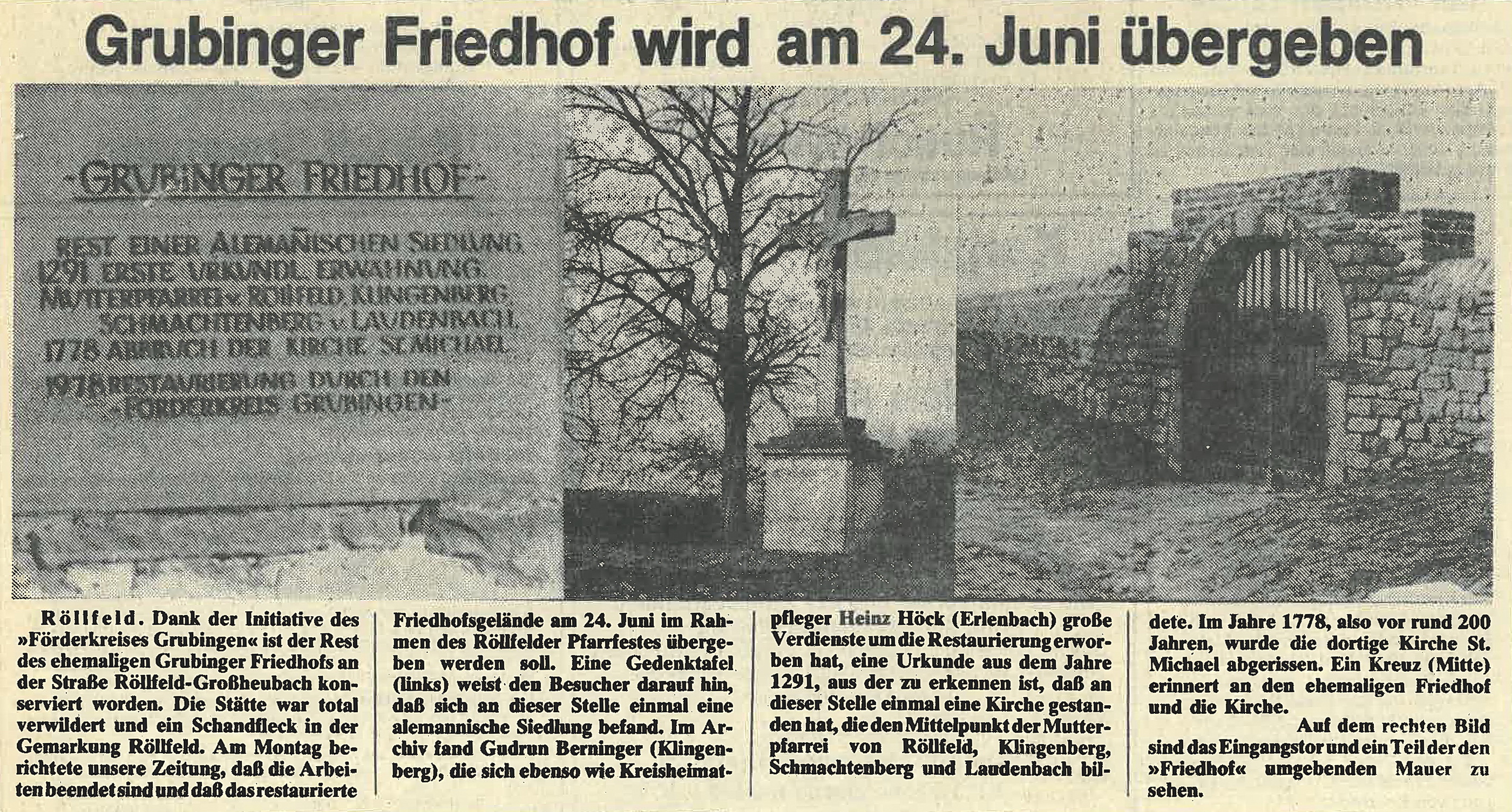 Zeitungsartikel zur Übergabe des sanierten Friedhofs