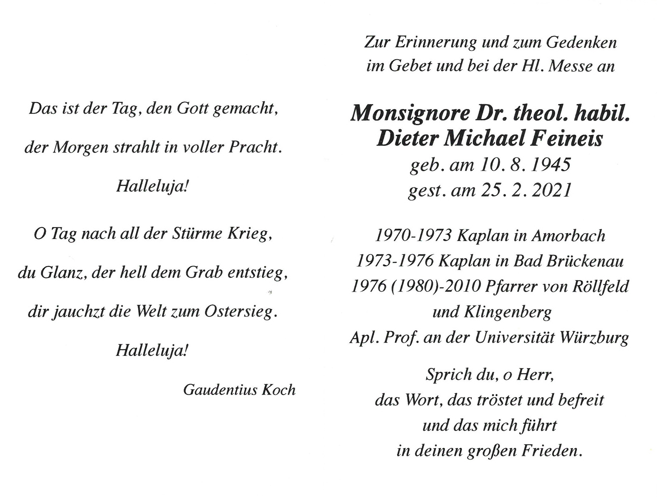Andenkenkarte an  Pfarrer Dieter Feineis