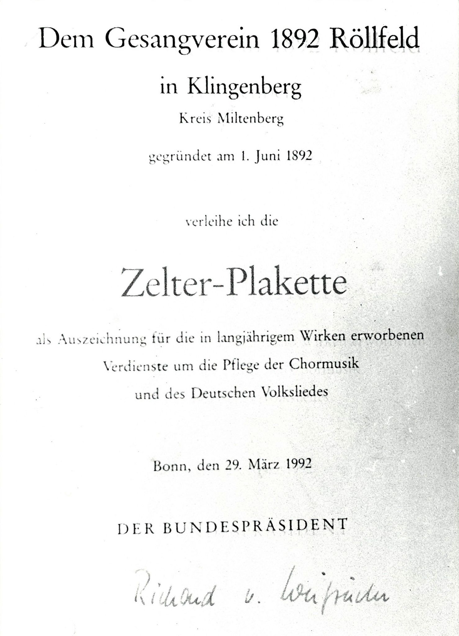 Verleihung der Zelter-Plakette 1992