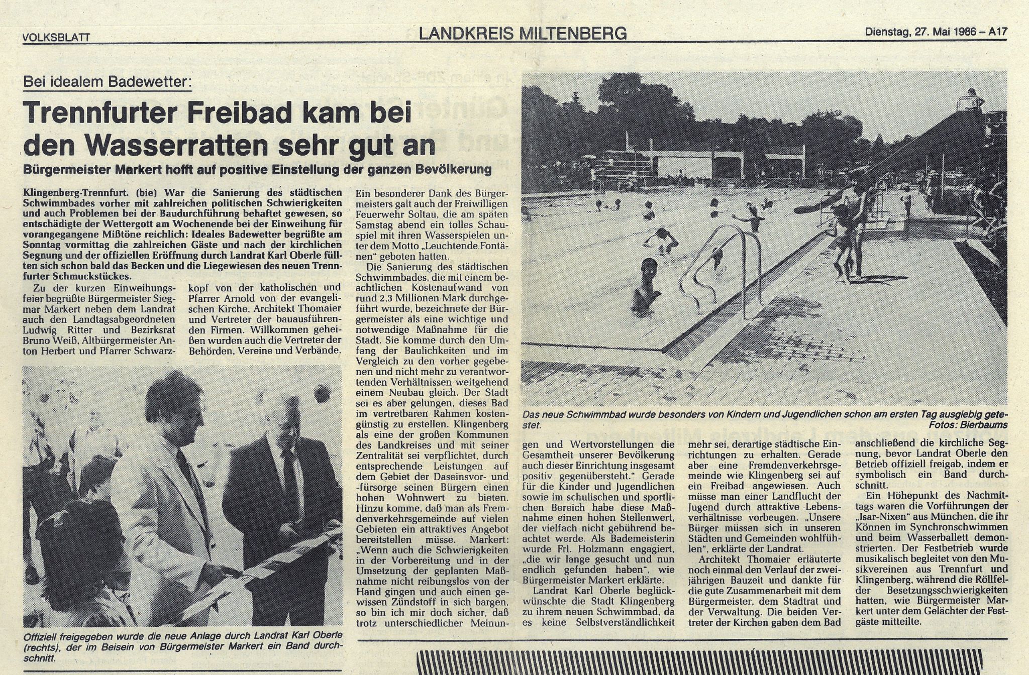 Zeitungsartikel des zur Eröffnung des Freibades