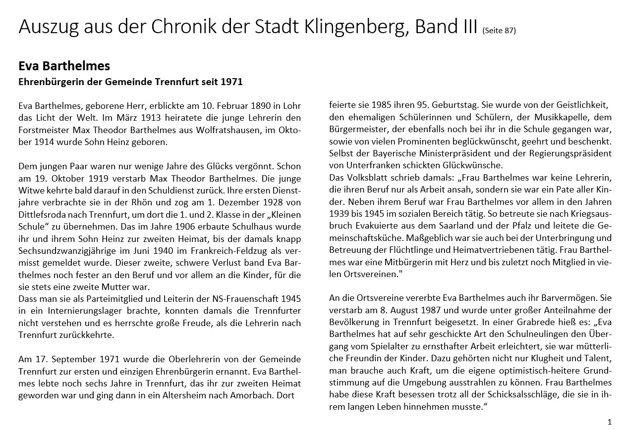 Eva Barthelmes - Ehrenbürgerin von Trennfurt