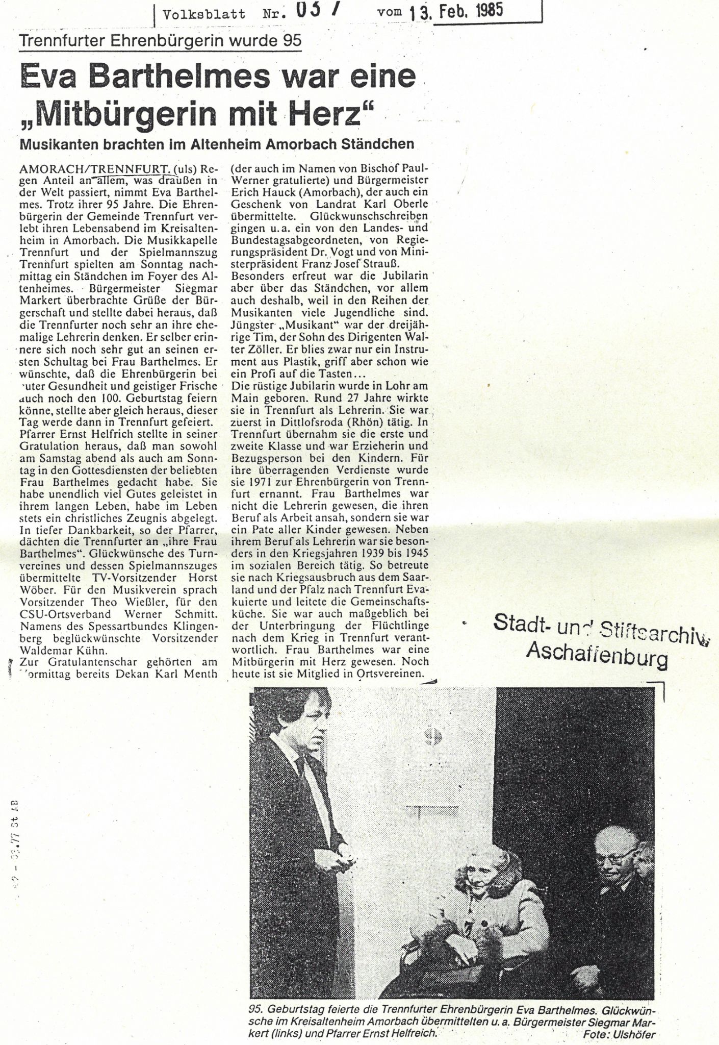 Zeitungsbericht zum 95. Geburtstag von Eva Barthelmes