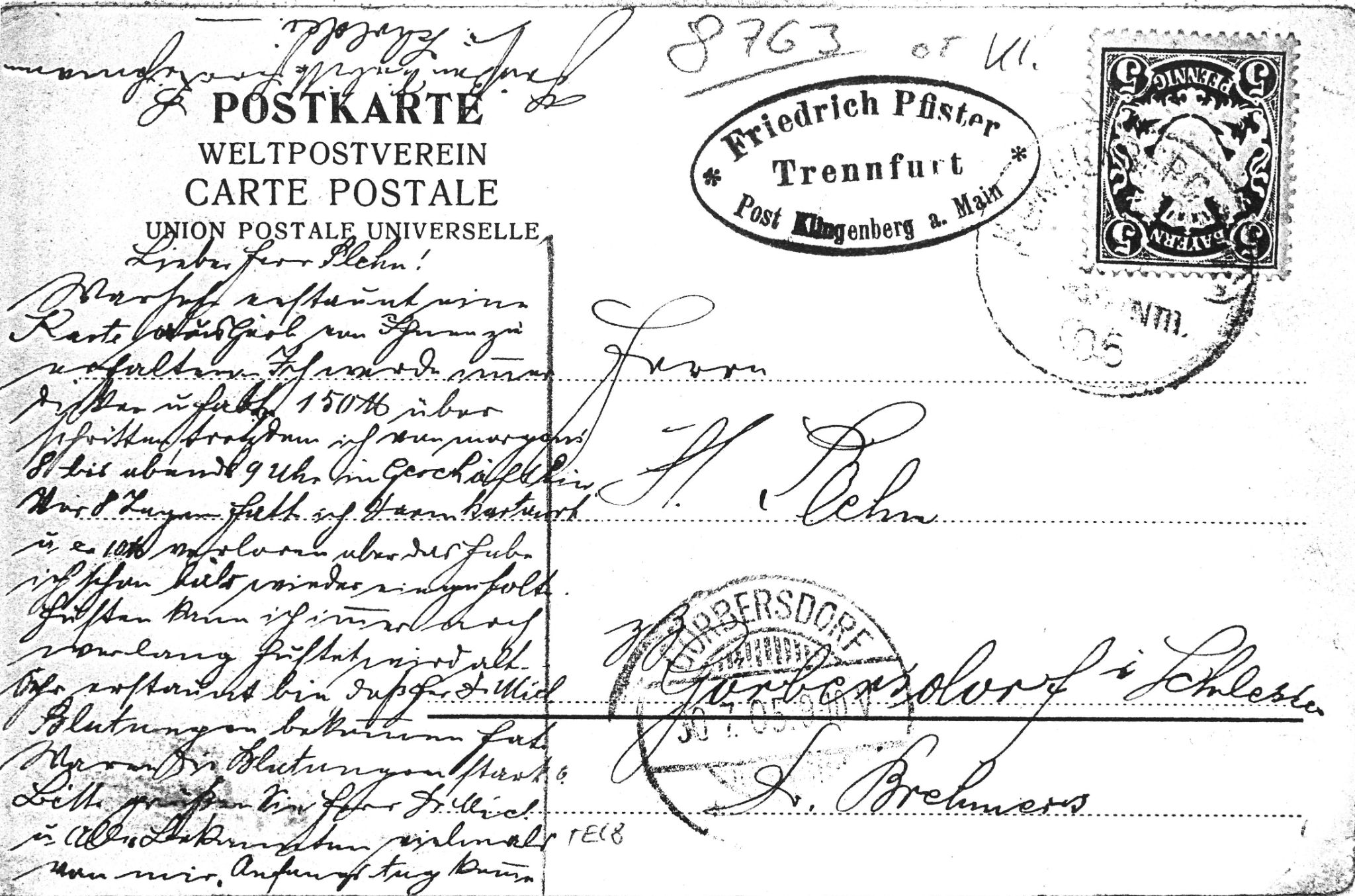 Rückseite der Postkarte Trennfurter Straße 44, gelaufen 1905