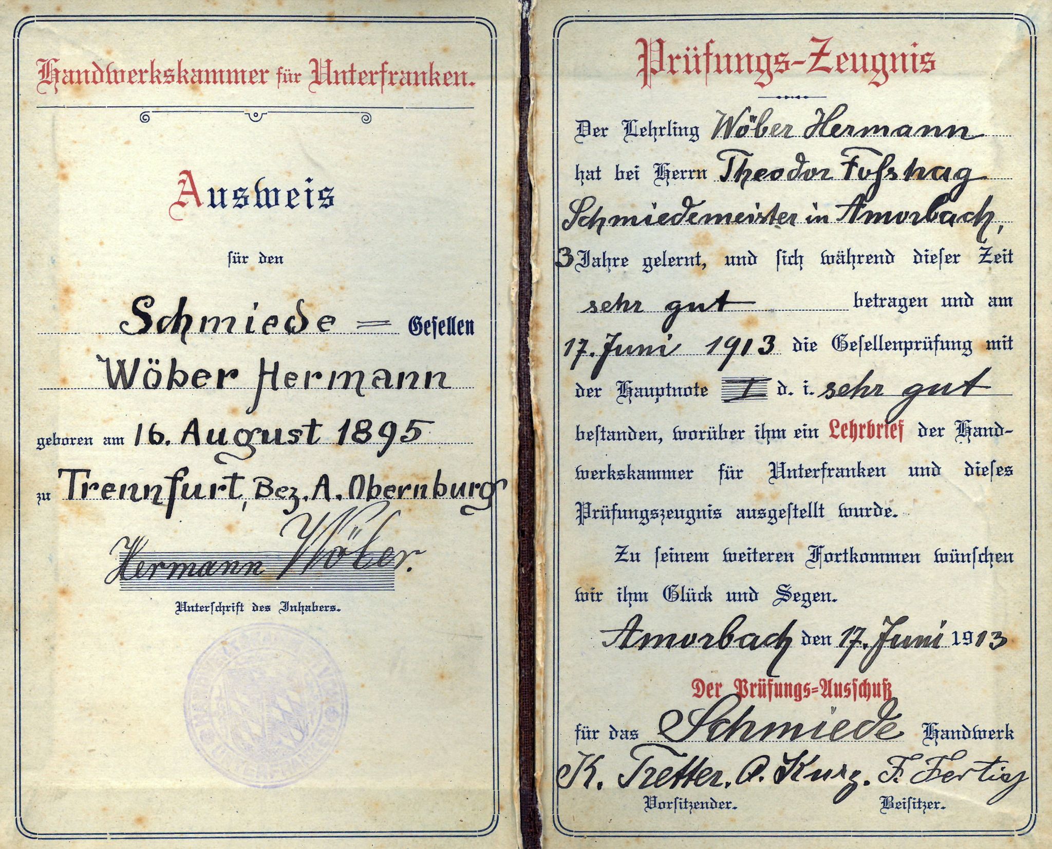 Handwerksausweis der Handwerkskammer Unterfranken für Hermann Wöber