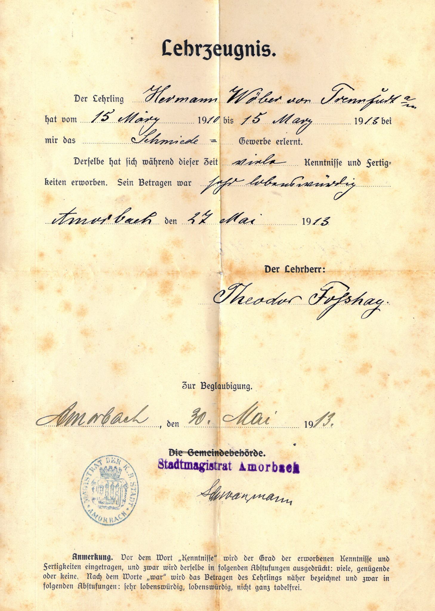 Lehrzeugnis für den Schmied Hermann Wöber