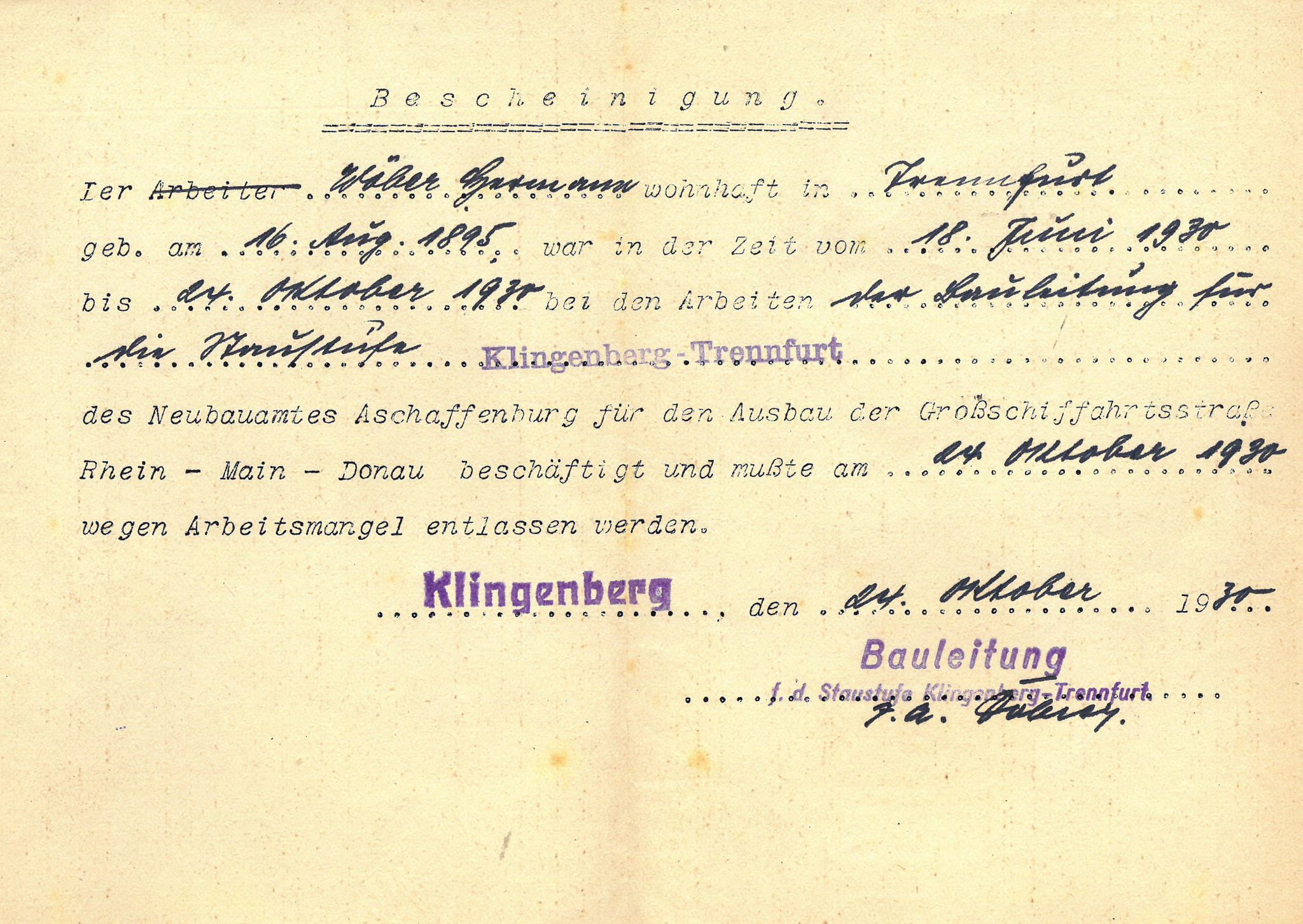 Arbeitsbescheinigung für Hermann Wöber 1930