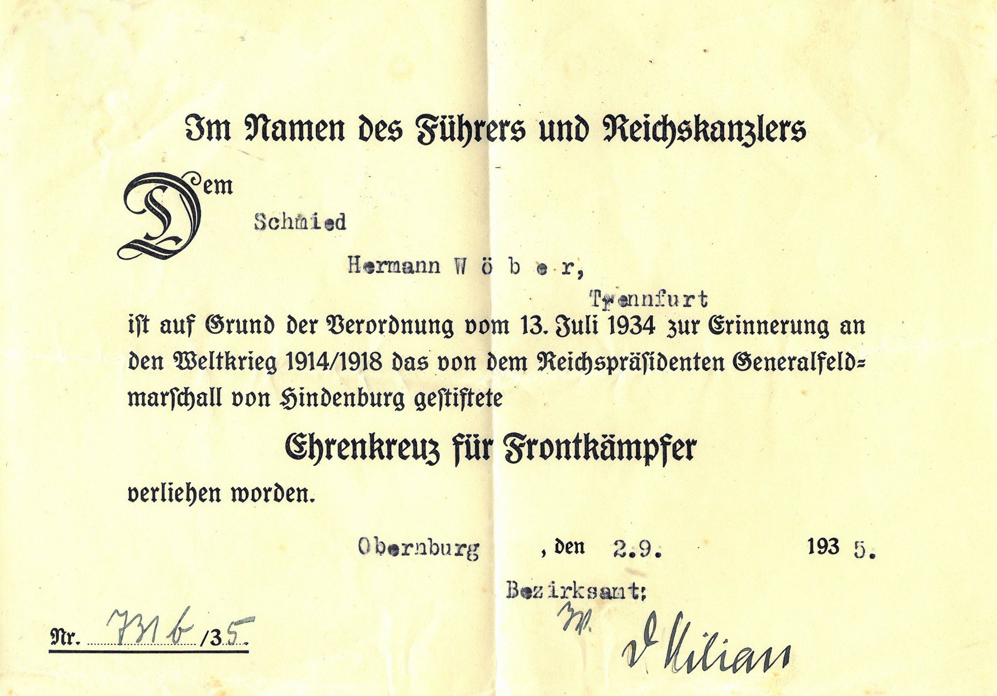 Verleihungsurkunde des Ehrenkreuzes an Hermann Wöber