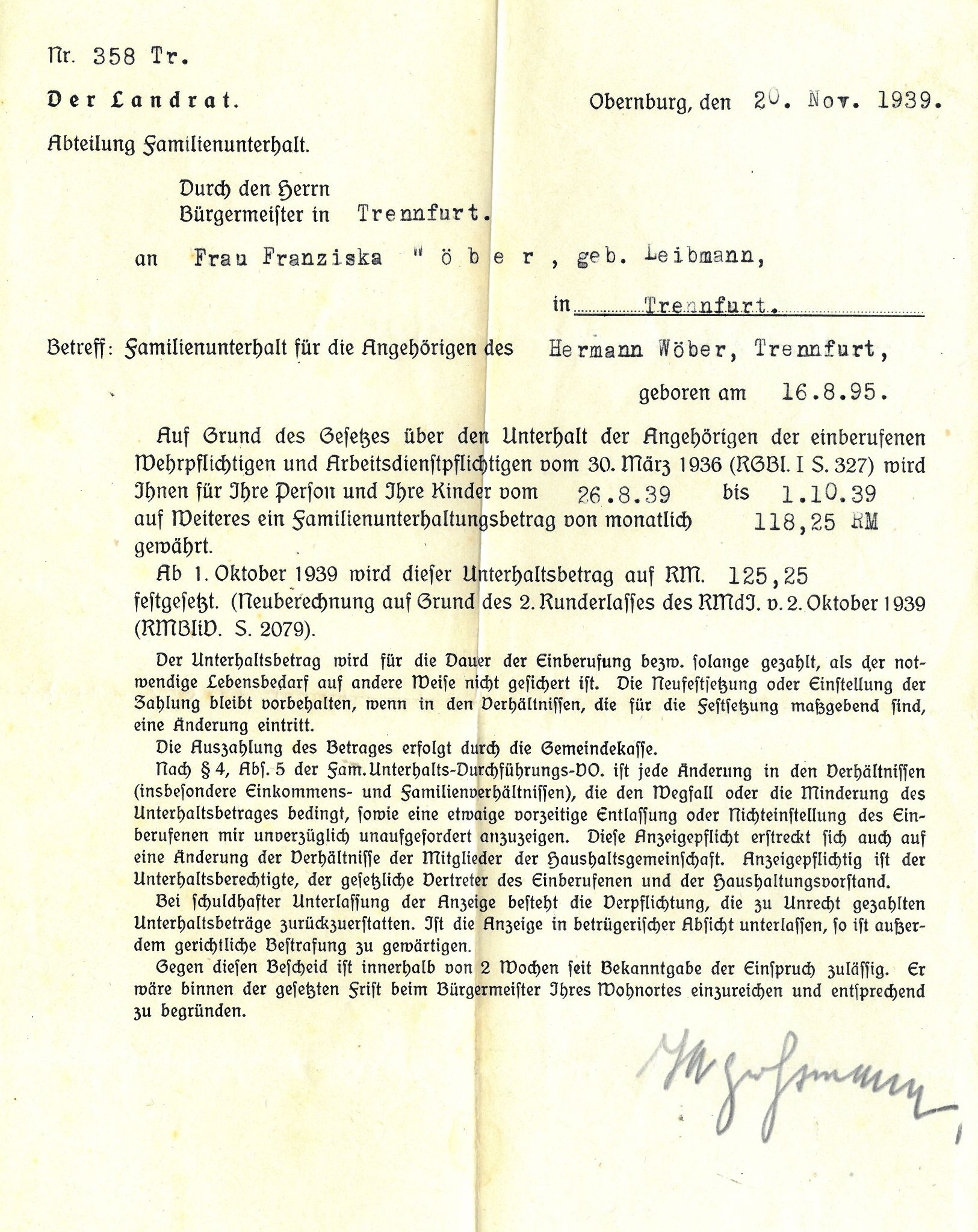 Gewährung von Familienunterhalt aufgrund des Wehrdienstes Hermann Wöber