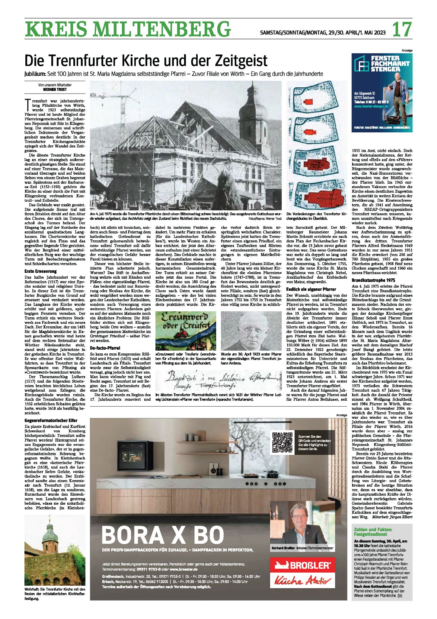 Zeitungsartikel zum Jubiläum 100 Jahre Pfarrkirche St. Maria Magdalena vom 28.04.2023