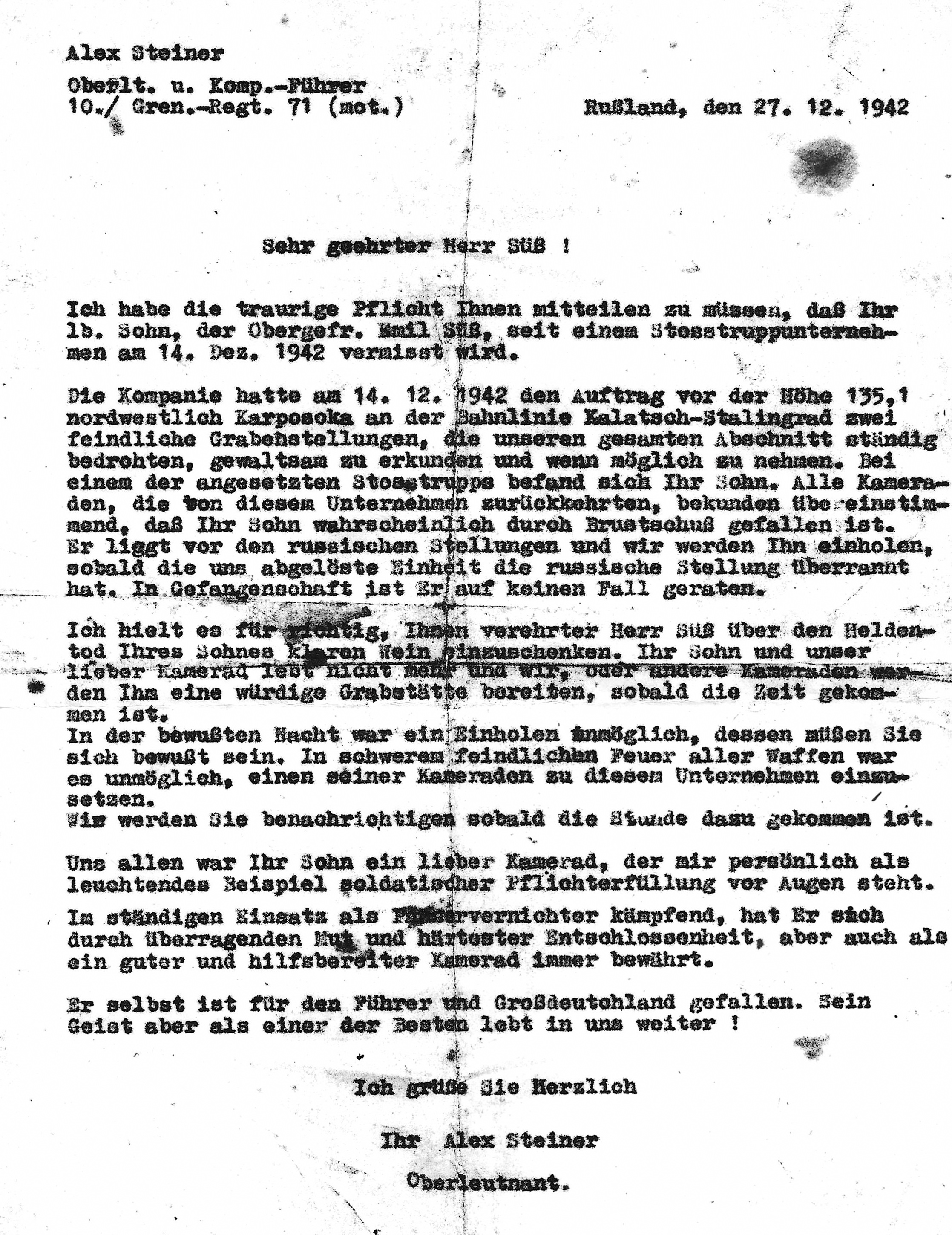 Emil Süß - Mitteilung an die Angehörigen