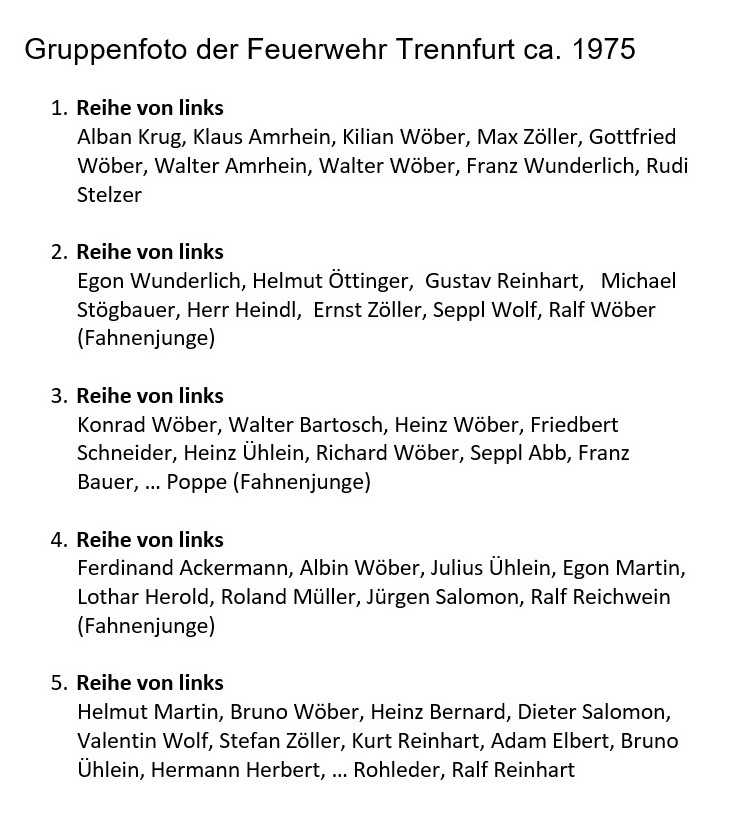 1975 Gruppenfoto Feuerwehr Trennfurt Namen zum vorherigen Bild