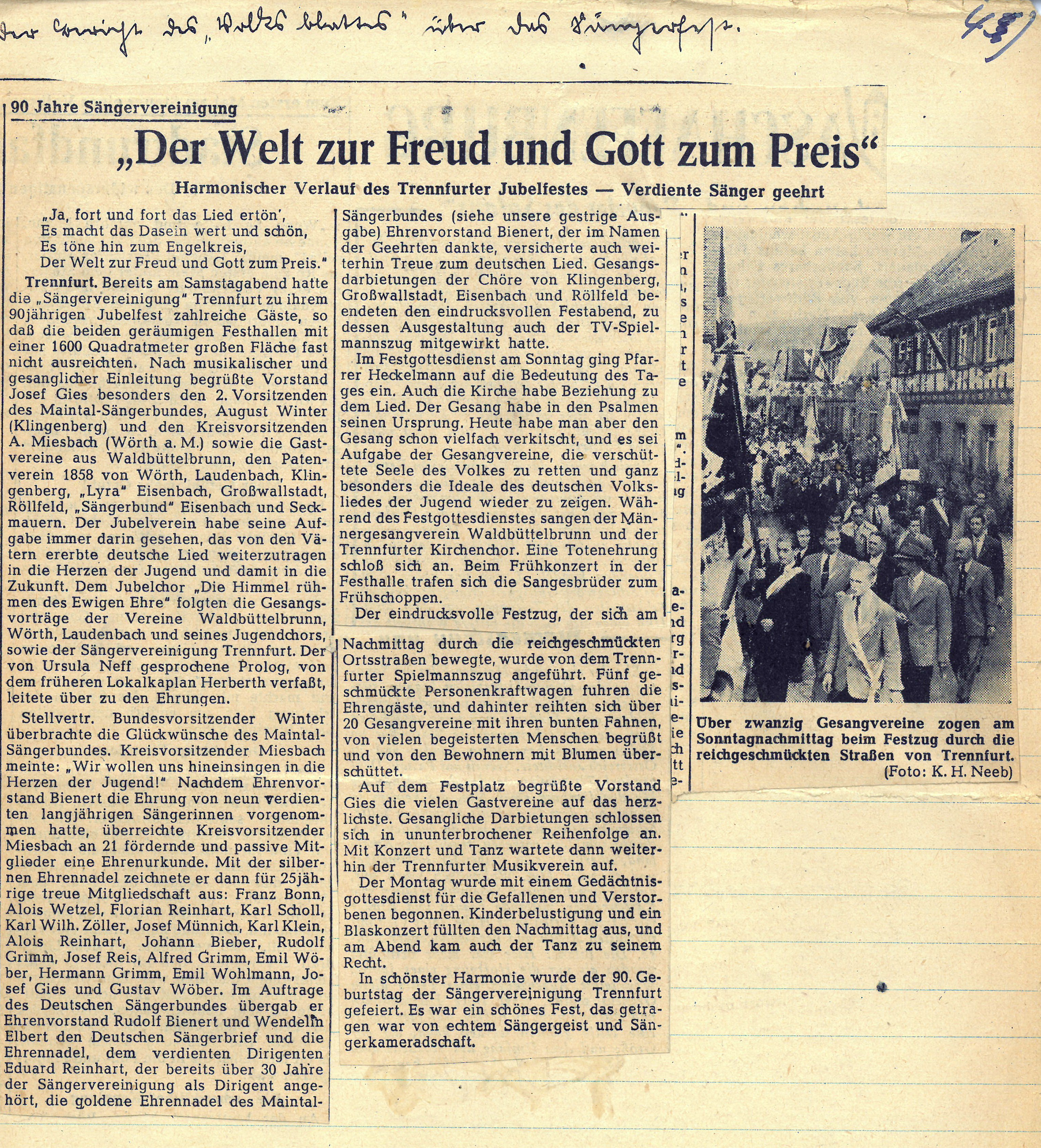 Zeitungsbericht von 1954 zum Jubiläum 90 Jahre Sängervereinigung Trennfurt