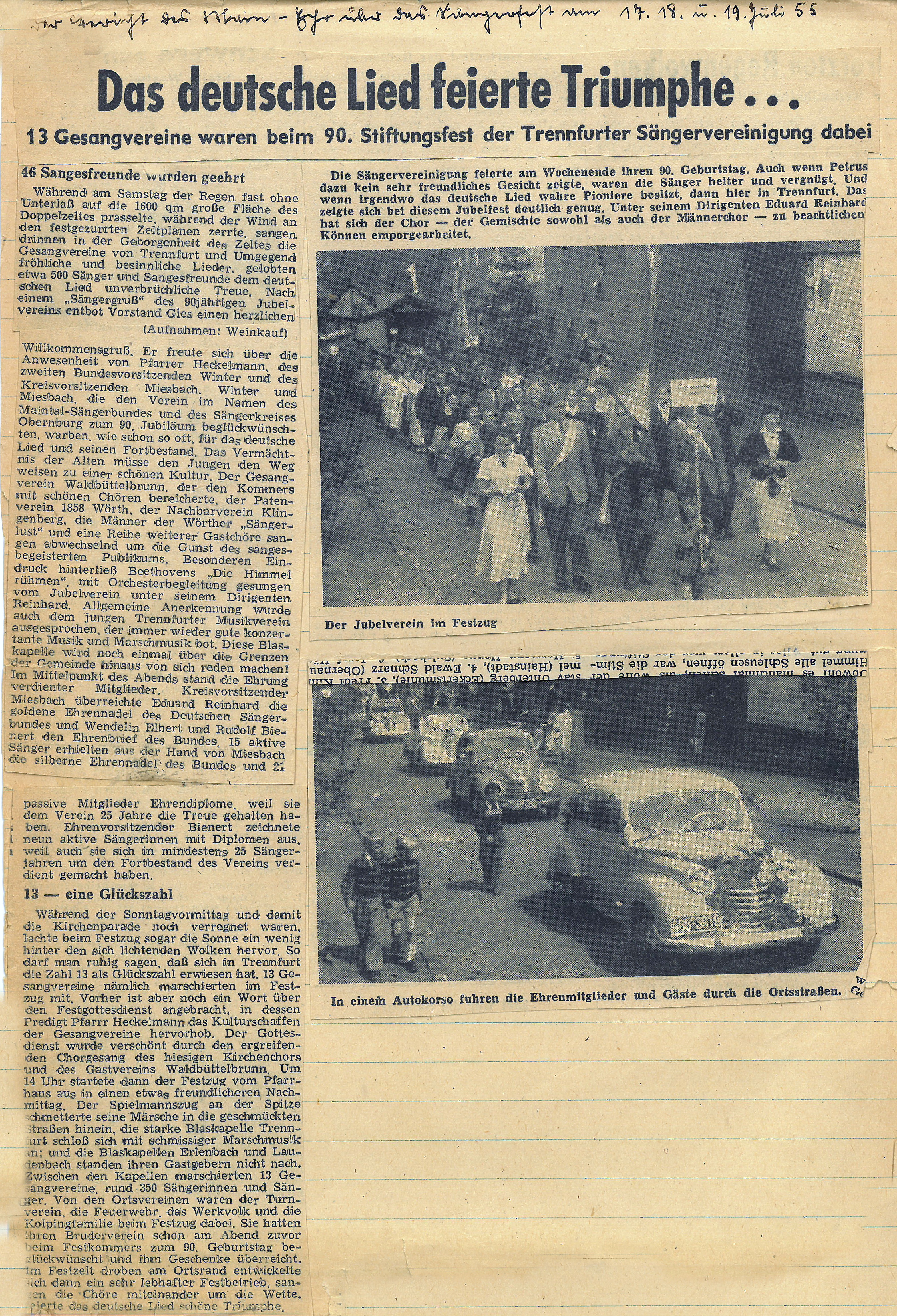 Zeitungsbericht von 1954 zum Jubiläum 90 Jahre Sängervereinigung Trennfurt