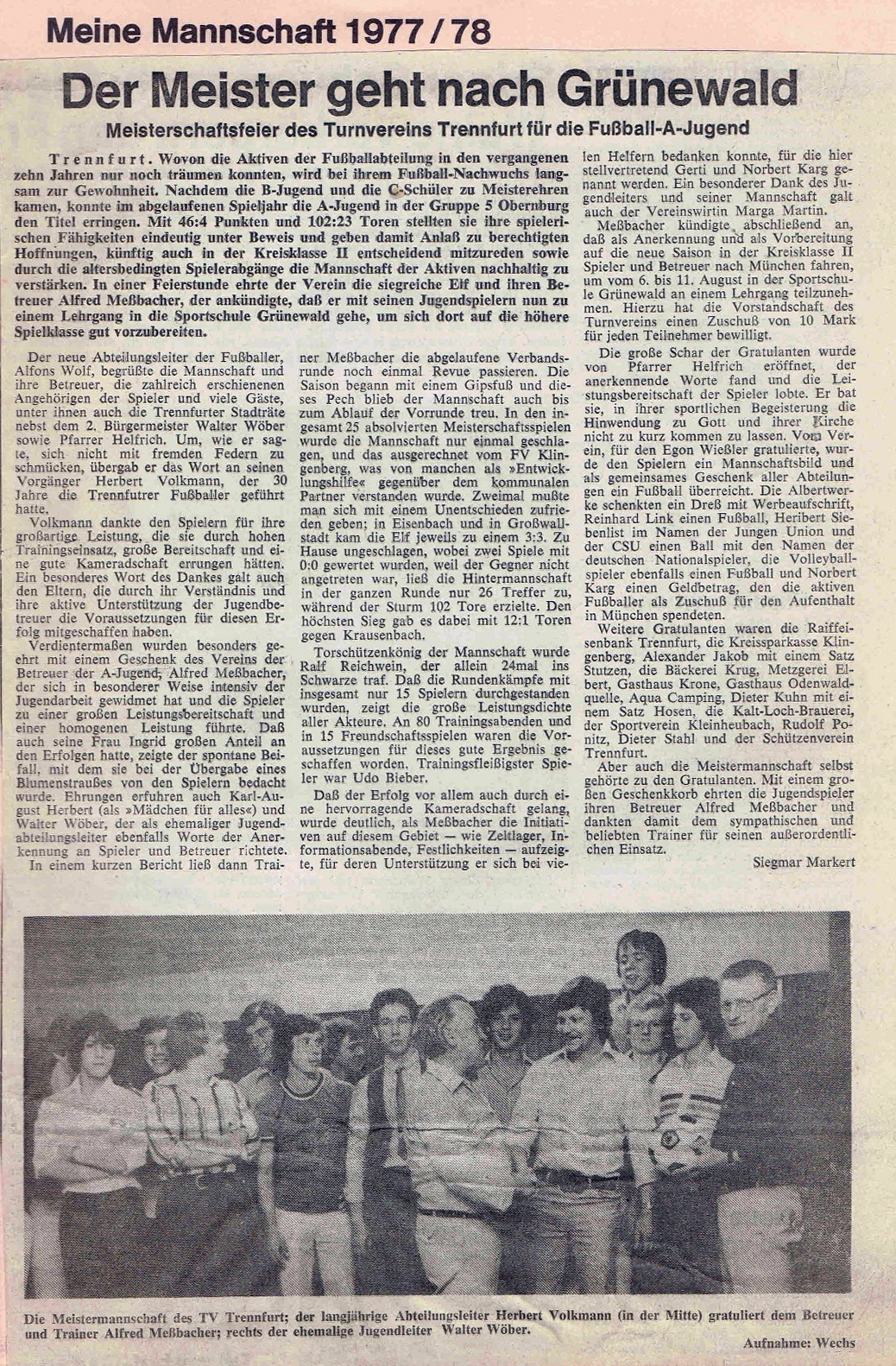 Zeitungsbericht zur Meisterschaftsfeier der A-Jugend 1978
