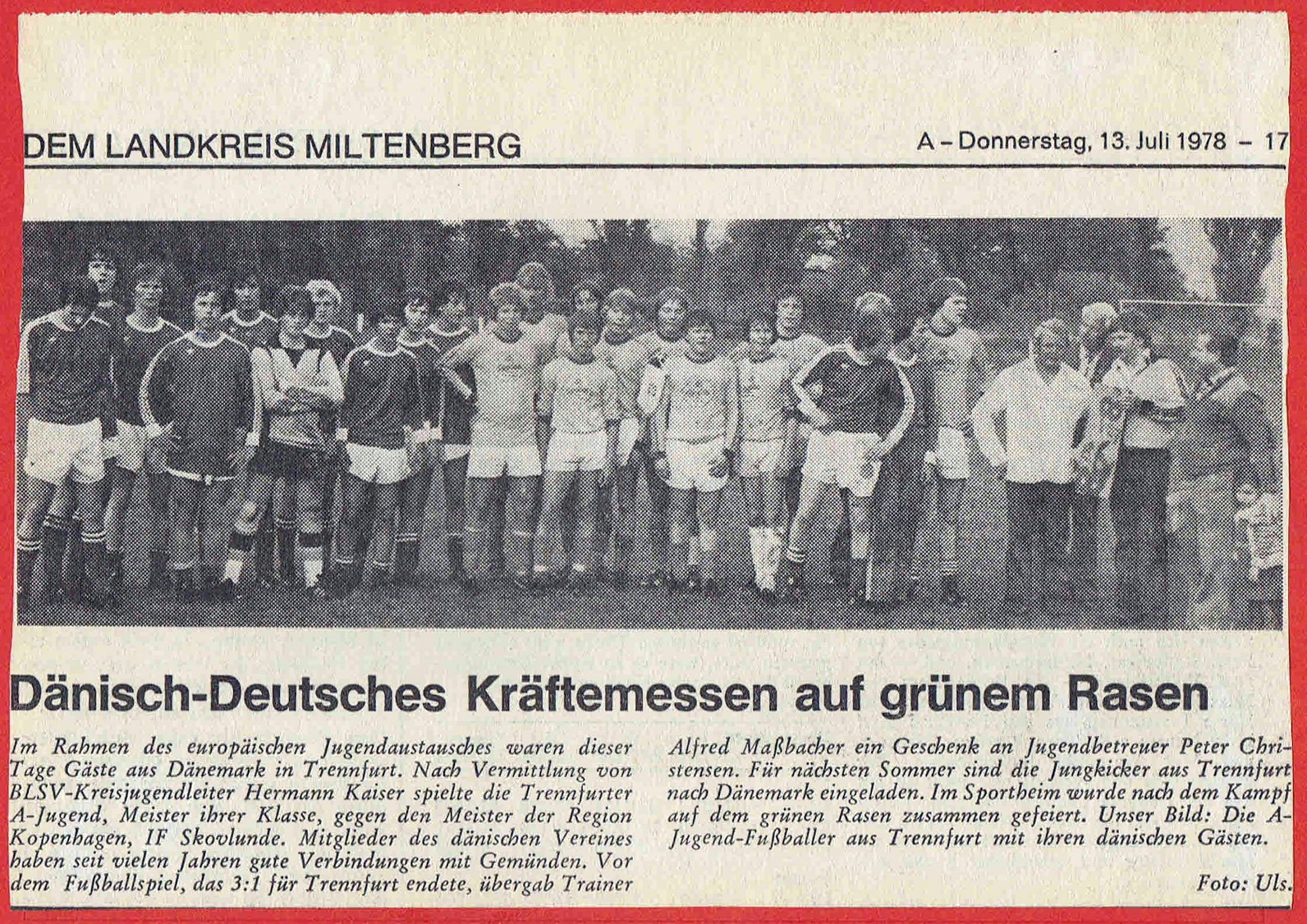 Zeitungsbericht zum deutsch-dänischen Jugendaustausch 1978